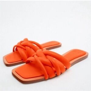 Zara Bright Tangerine Orange Slides Puffy Sandals